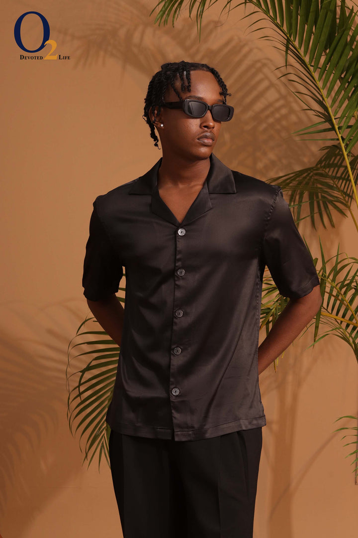 Premium short sleeve satin shirt in black ENVY
