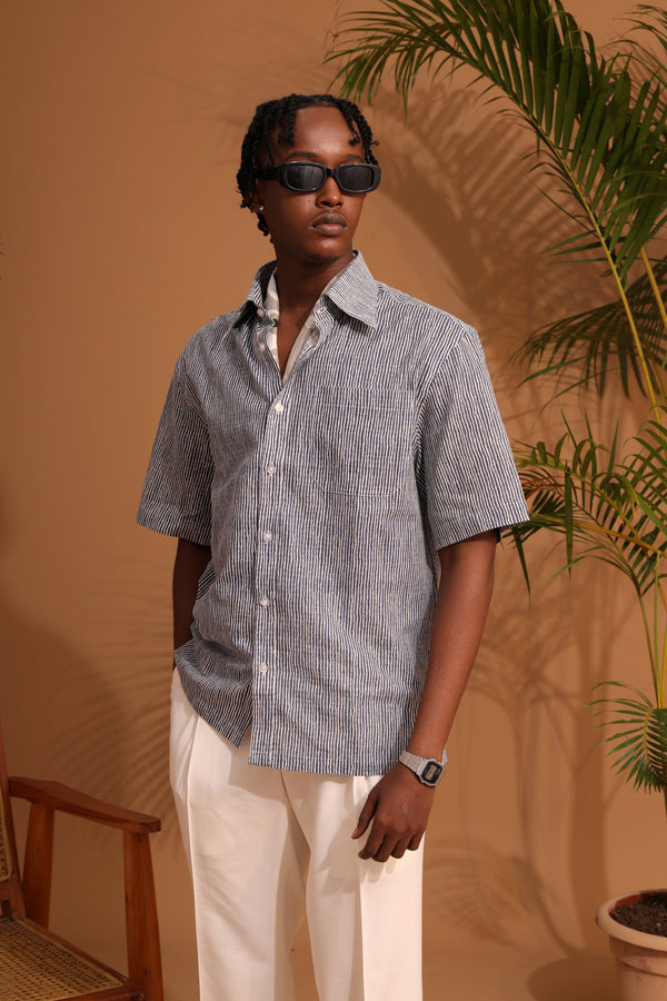 INDIGO STRIPES HALF SLEEVES OVERSIZE SHIRT