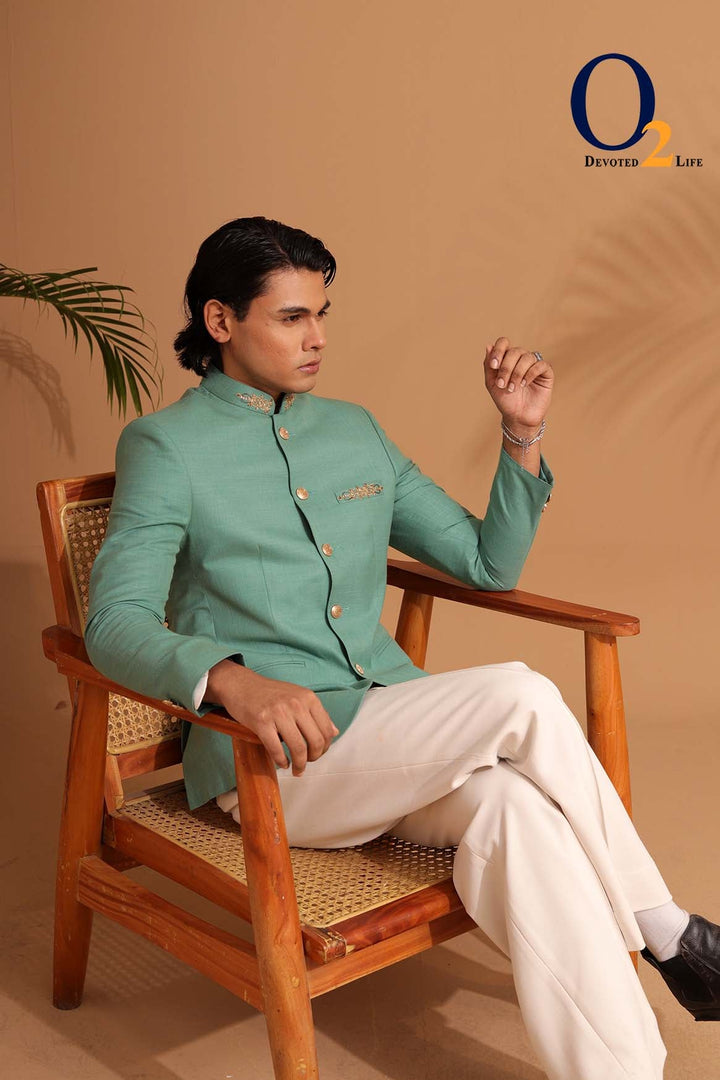 Exclusive Karchupi hand Work Prince Coat in Green ENVY