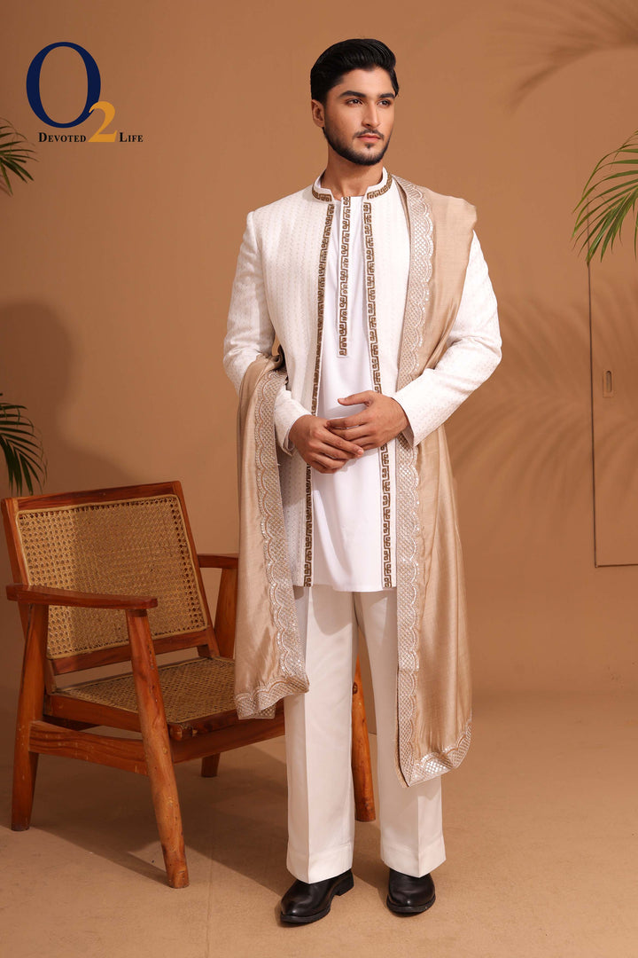White Raw And Dupion Embroidery and karchupi Thread & Sequin Shrug with panjabi o2fashions
