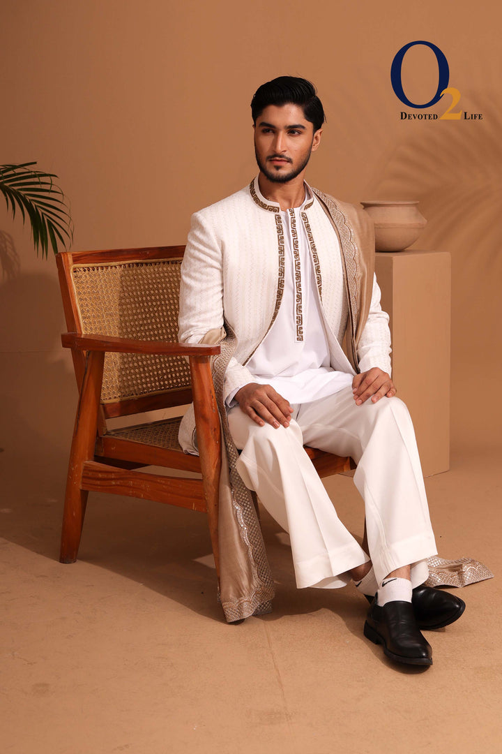 White Raw And Dupion Embroidery and karchupi Thread & Sequin Shrug with panjabi o2fashions