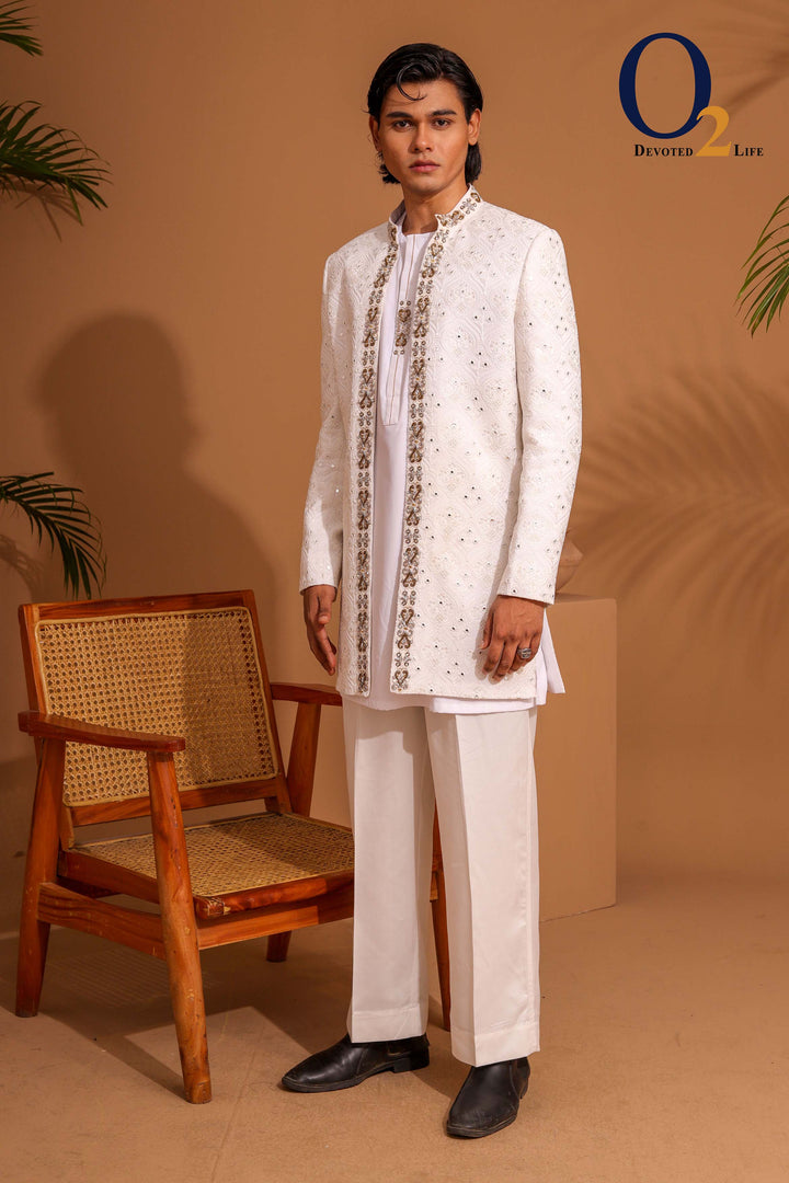 White Raw And Dupion Embroidery and karchupi Thread & Sequin Shrug with panjabi ENVY
