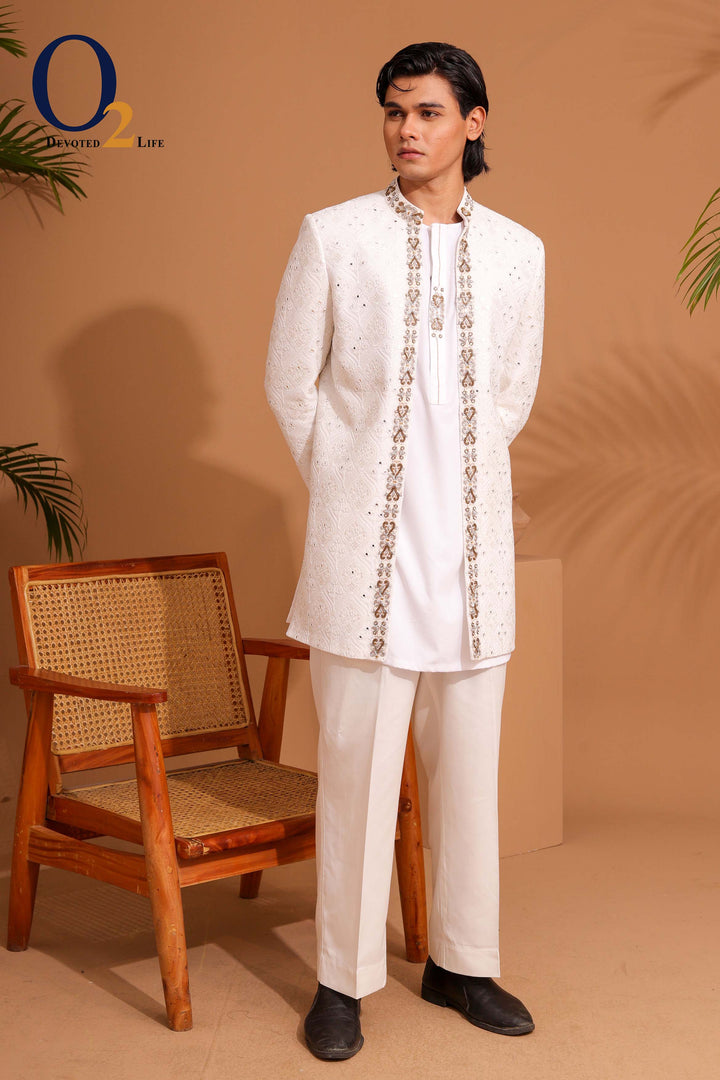 White Raw And Dupion Embroidery and karchupi Thread & Sequin Shrug with panjabi ENVY