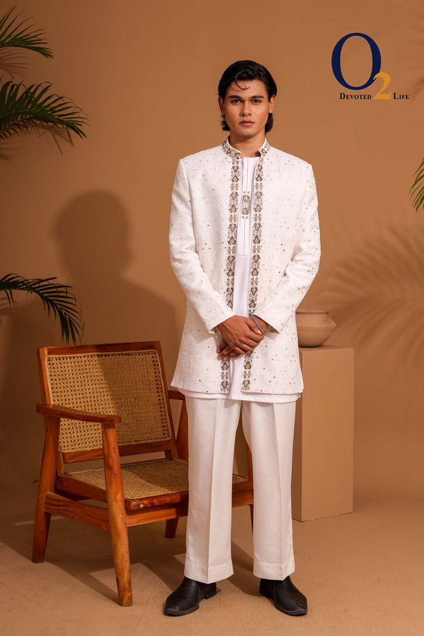 White Raw And Dupion Embroidery and karchupi Thread & Sequin Shrug with panjabi ENVY