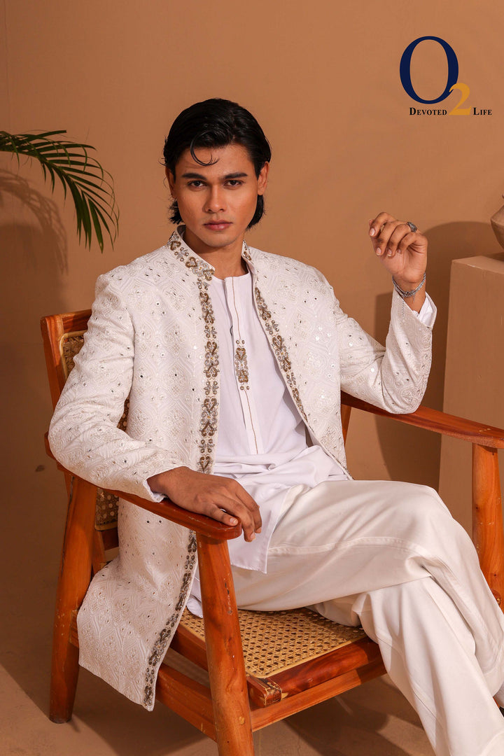 White Raw And Dupion Embroidery and karchupi Thread & Sequin Shrug with panjabi ENVY