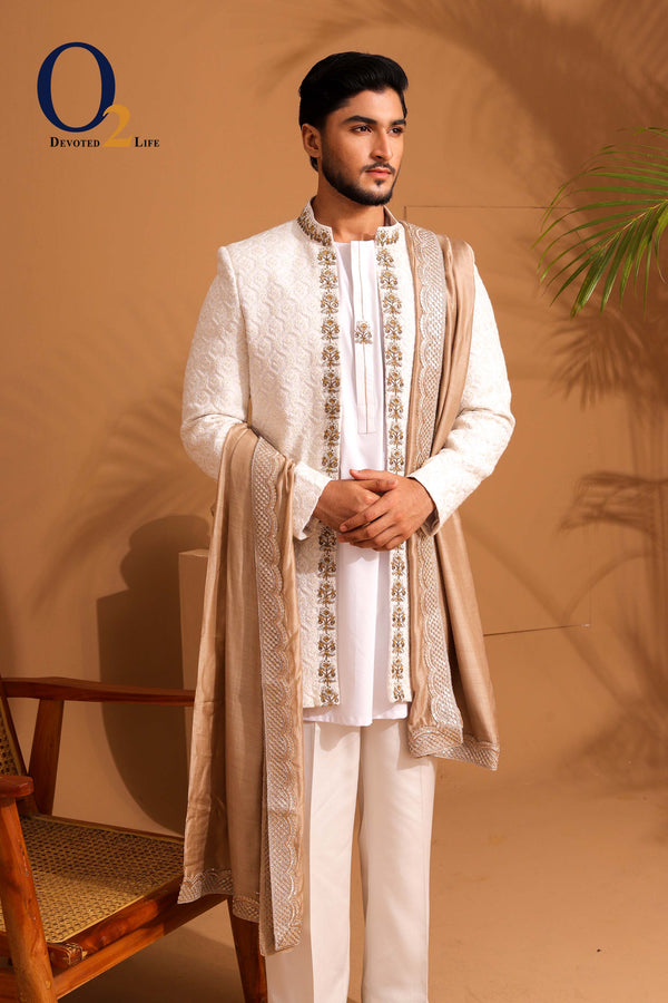 White Raw And Dupion Embroidery and karchupi Thread & Sequin Shrug with panjabi ENVY