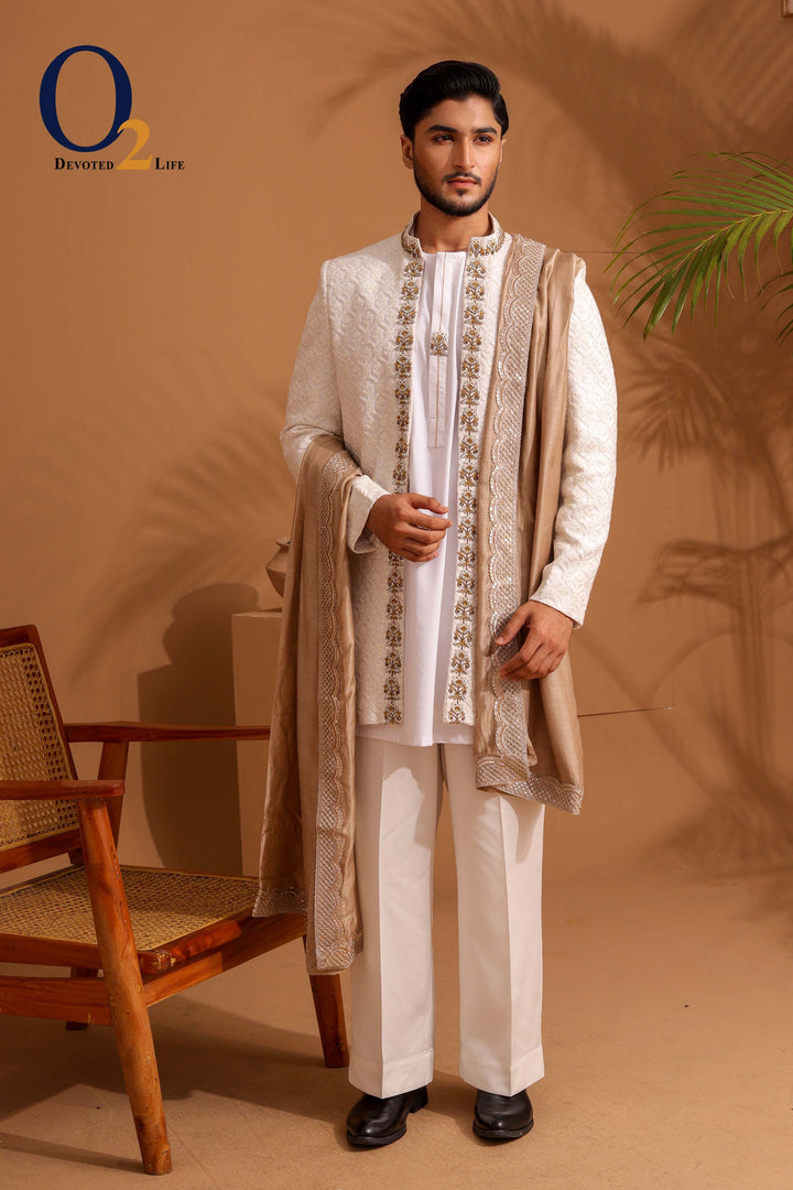 White Raw And Dupion Embroidery and karchupi Thread & Sequin Shrug with panjabi ENVY