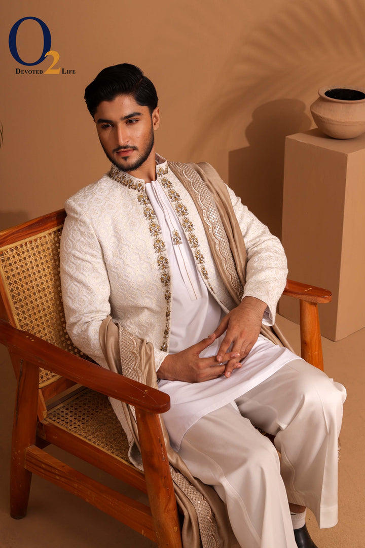 White Raw And Dupion Embroidery and karchupi Thread & Sequin Shrug with panjabi ENVY