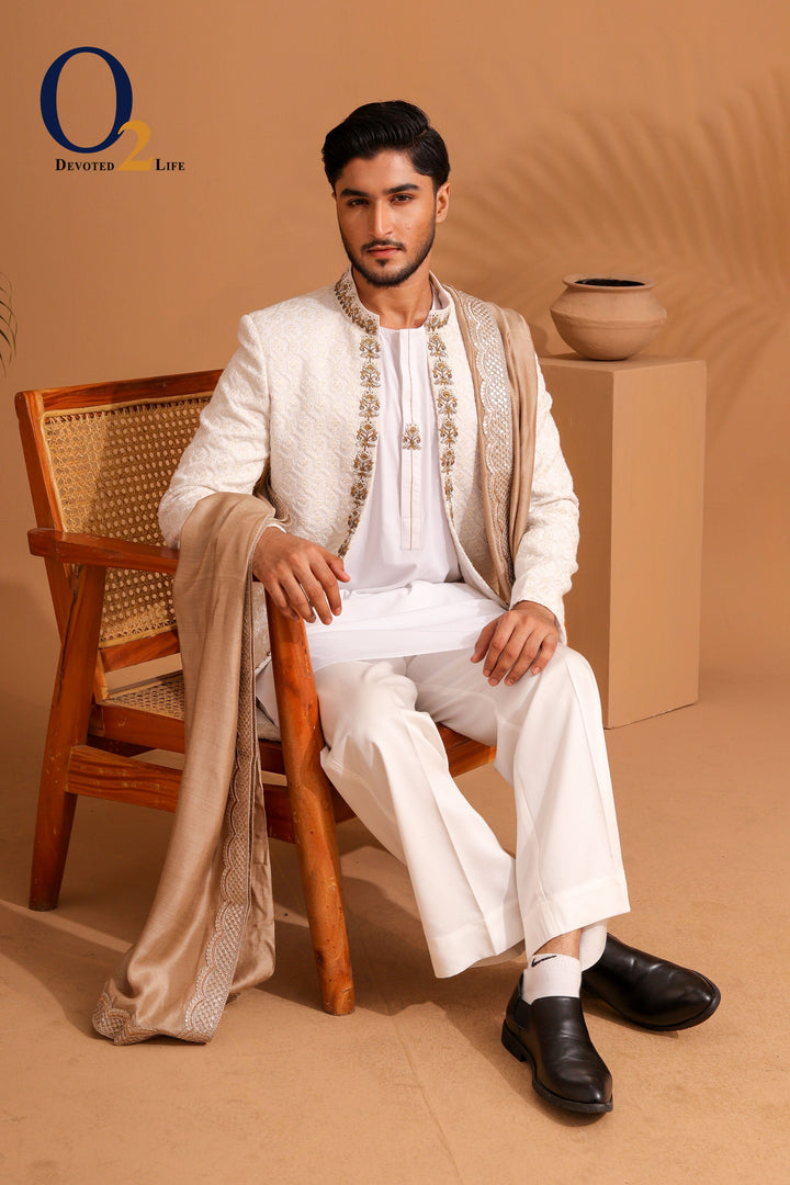 White Raw And Dupion Embroidery and karchupi Thread & Sequin Shrug with panjabi ENVY