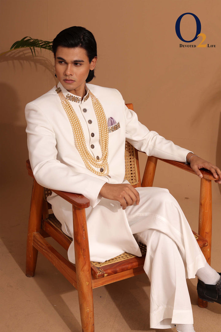 Zardozi handwork Sherwani In Offwhite ENVY