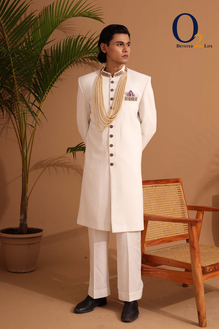 Zardozi handwork Sherwani In Offwhite ENVY