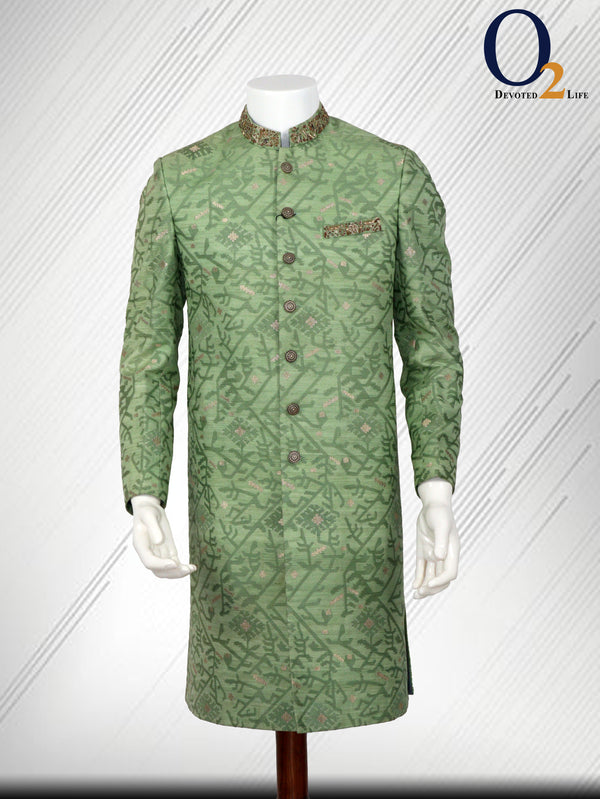 Lime Green Jacquard Zardozi Sherwani