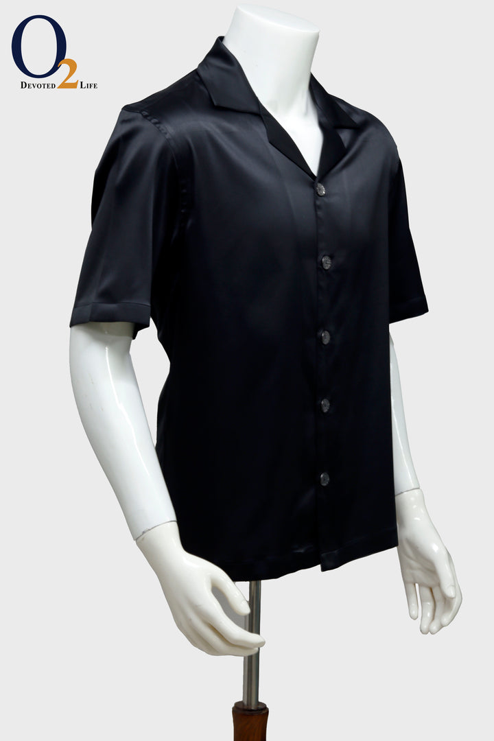 Premium short sleeve satin shirt in black - o2fashions