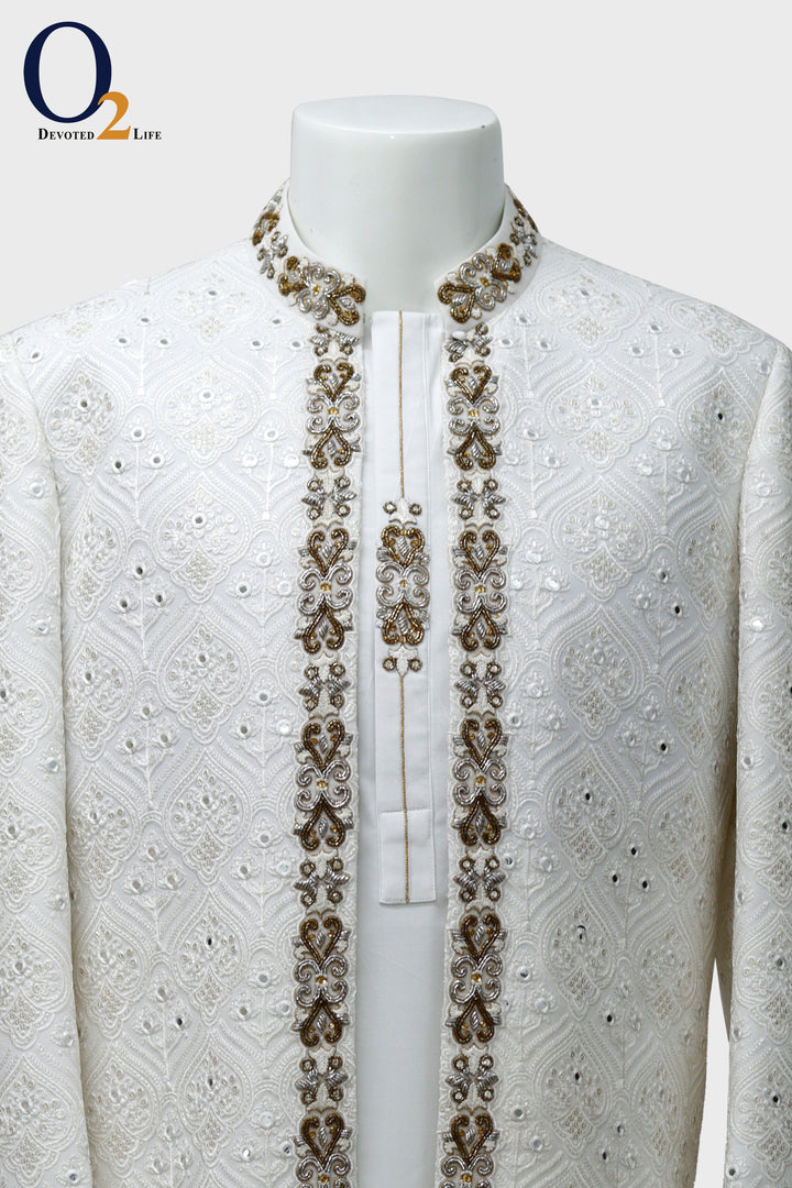 White Raw And Dupion Embroidery and karchupi Thread & Sequin Shrug with panjabi - o2fashions