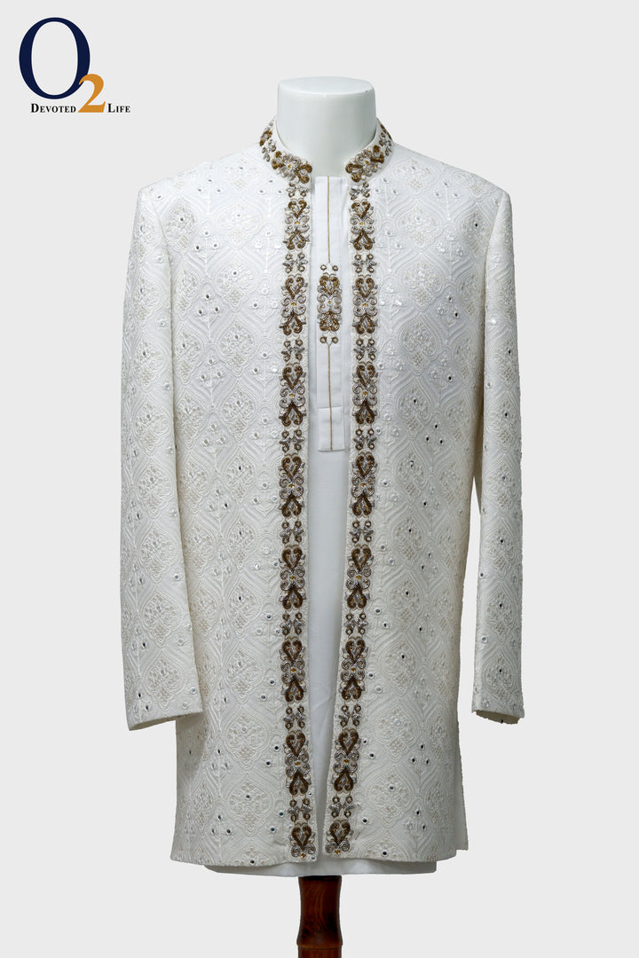 White Raw And Dupion Embroidery and karchupi Thread & Sequin Shrug with panjabi - o2fashions