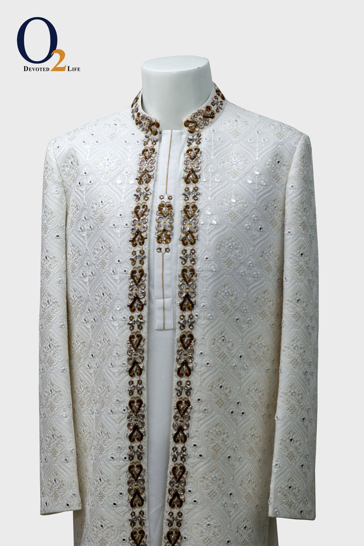 White Raw And Dupion Embroidery and karchupi Thread & Sequin Shrug with panjabi - o2fashions