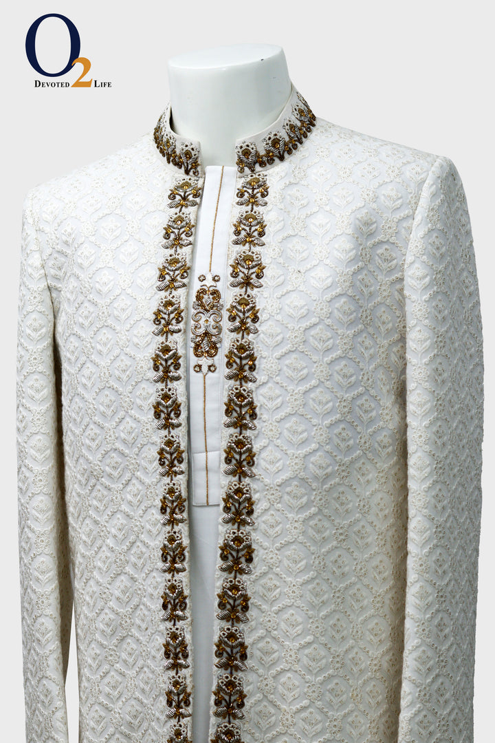 White Raw And Dupion Embroidery and karchupi Thread & Sequin Shrug with panjabi - o2fashions