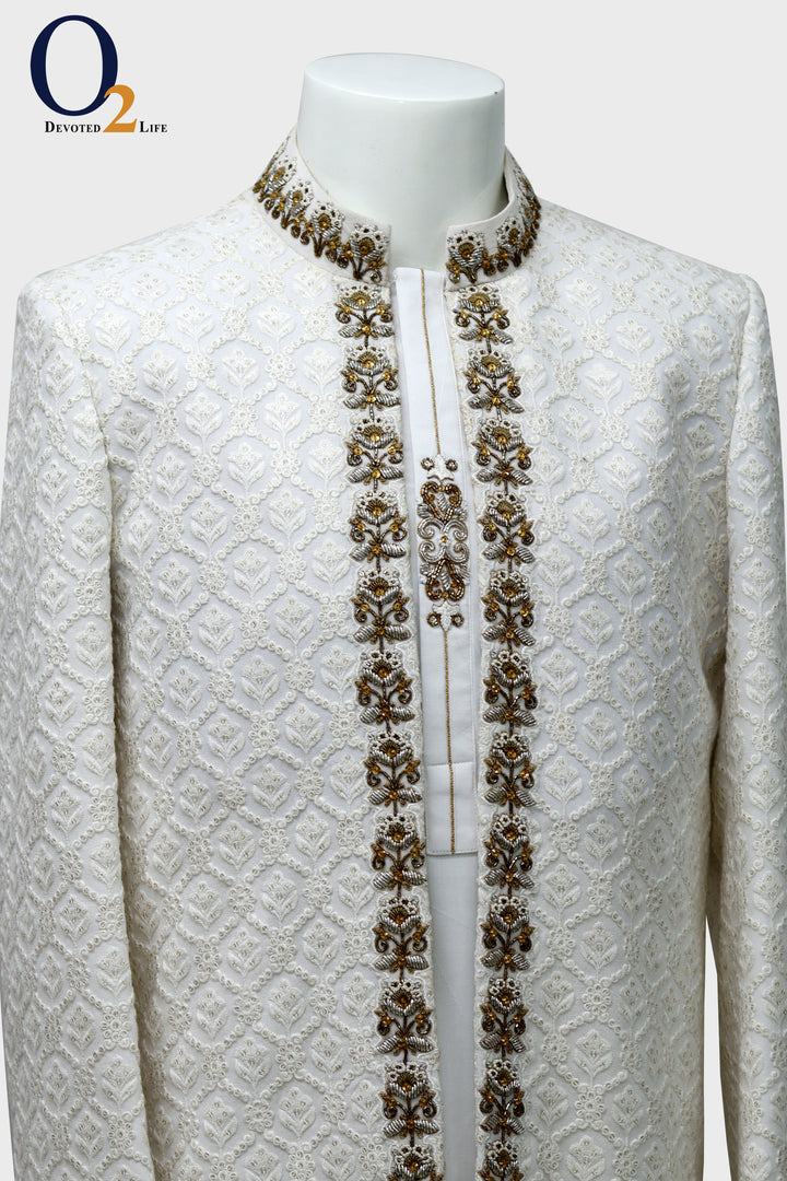 White Raw And Dupion Embroidery and karchupi Thread & Sequin Shrug with panjabi - o2fashions