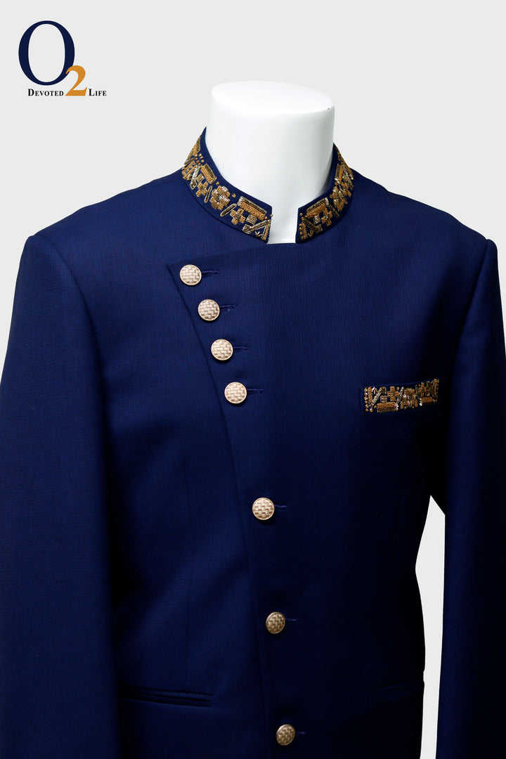 Quicksand Blue Stretchable Cross Placket Prince coat - o2fashions