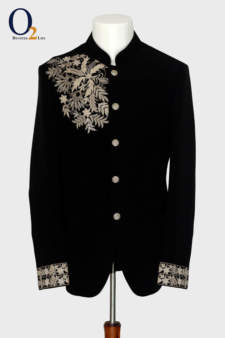 Exclusive Embroidery hand Work Prince Coat in Black - o2fashions