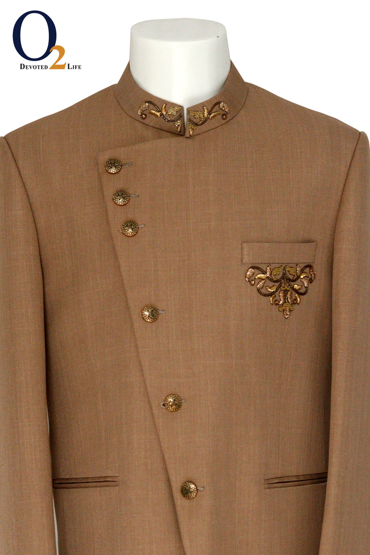 Quicksand Brown Stretchable Cross Placket Prince coat - o2fashions