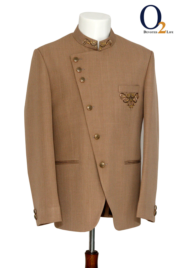 Quicksand Brown Stretchable Cross Placket Prince coat - o2fashions