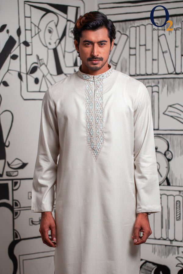 Zardozi Handwork Classic Fit Panjabi In Cream - o2fashions