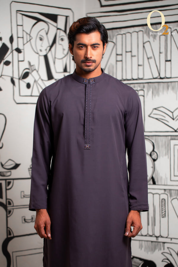 Karchupi Handwork Classic Fit Panjabi In Lava Grey