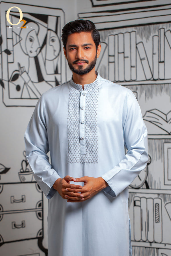 Zardozi Handwork Classic Fit Panjabi In Sky Blue - o2fashions