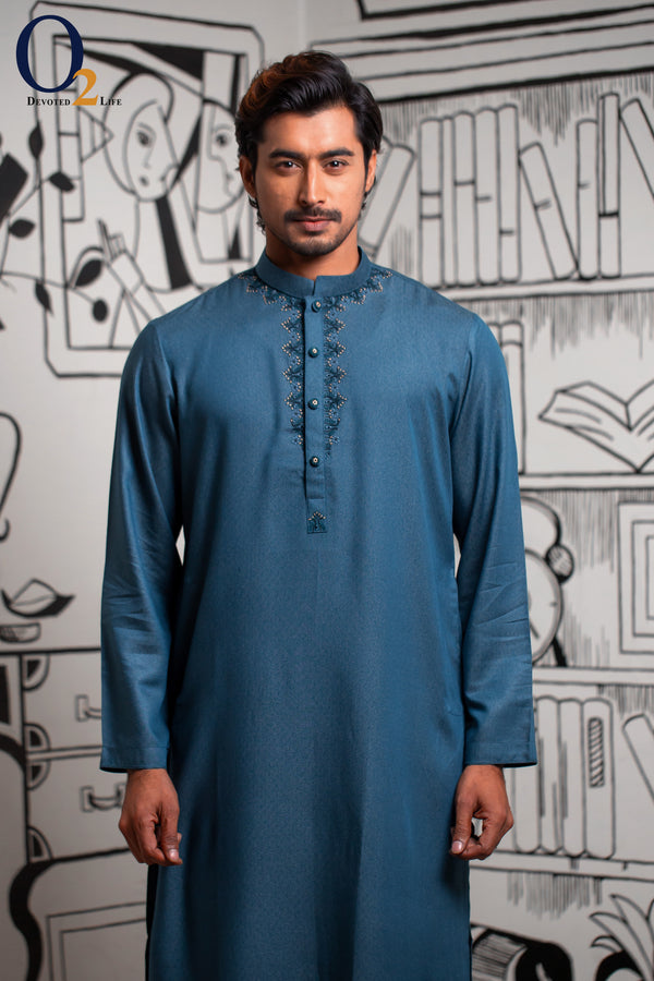 Zardozi Handwork Classic Fit Panjabi In Greenish Blue