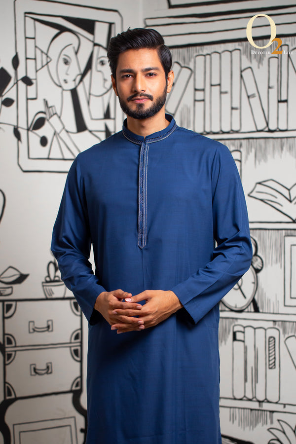 Karchupi Handwork Classic Fit Panjabi In Danim Blue