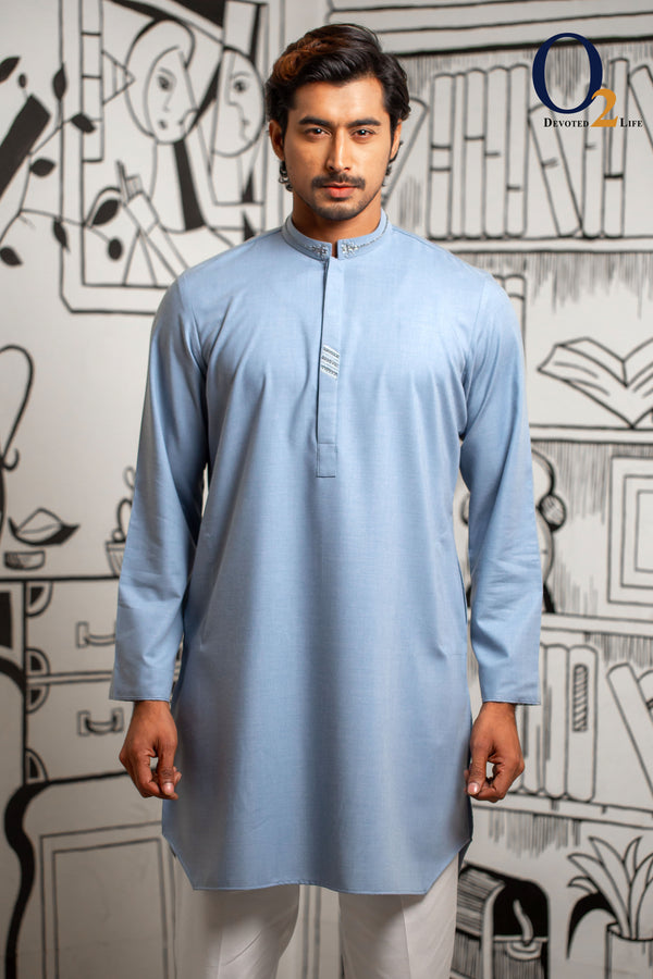 Men's Zardozi Handwork Short Length Panjabi In Powder Blue