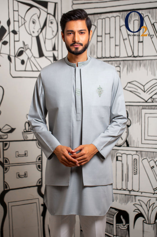 Men's Zardozi Handwork Short Length Panjabi  With Vest