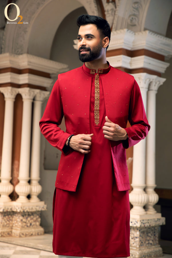 Maroon Zardozi HandworkClassic Fit Panjabi Combo Set