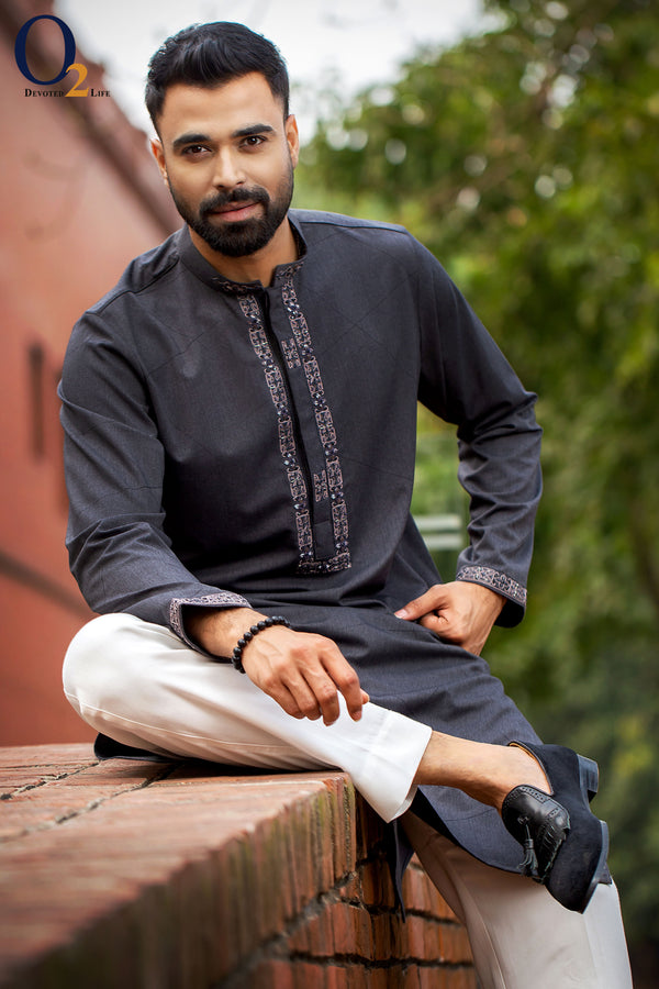 Zardozi Handwork Classic Fit Panjabi In Ash