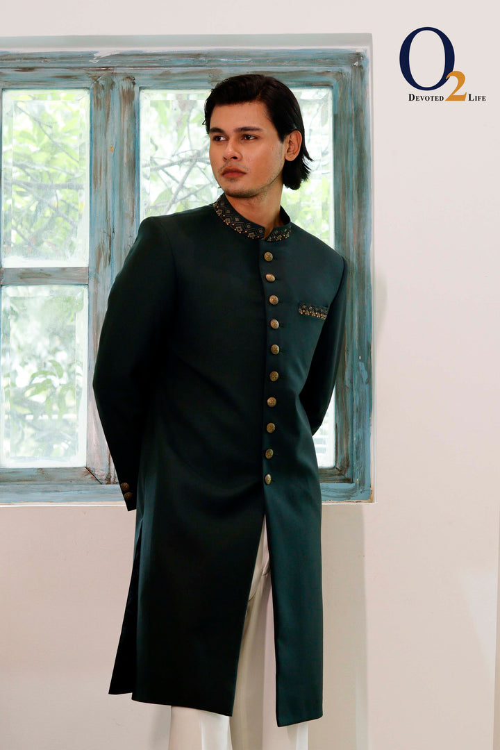 Dark Green Textured Exclusive sherwani ENVY