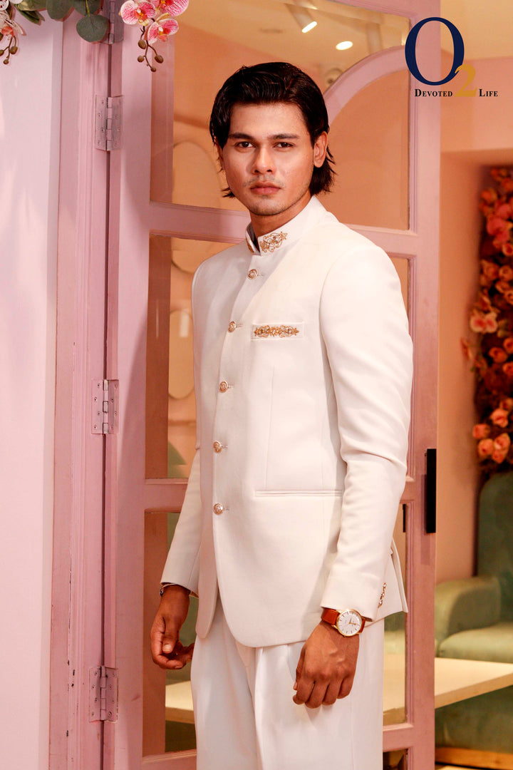 Exclusive Karchupi hand Work Prince Coat In  Beige ENVY
