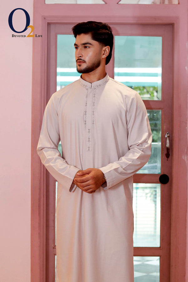 Zardozi Handwork Classic Fit Panjabi in pink gray o2fashions