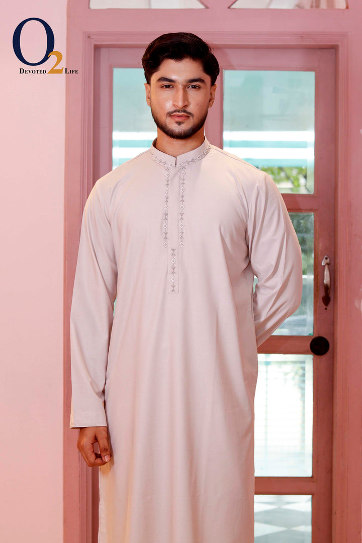 Zardozi Handwork Classic Fit Panjabi in pink gray o2fashions