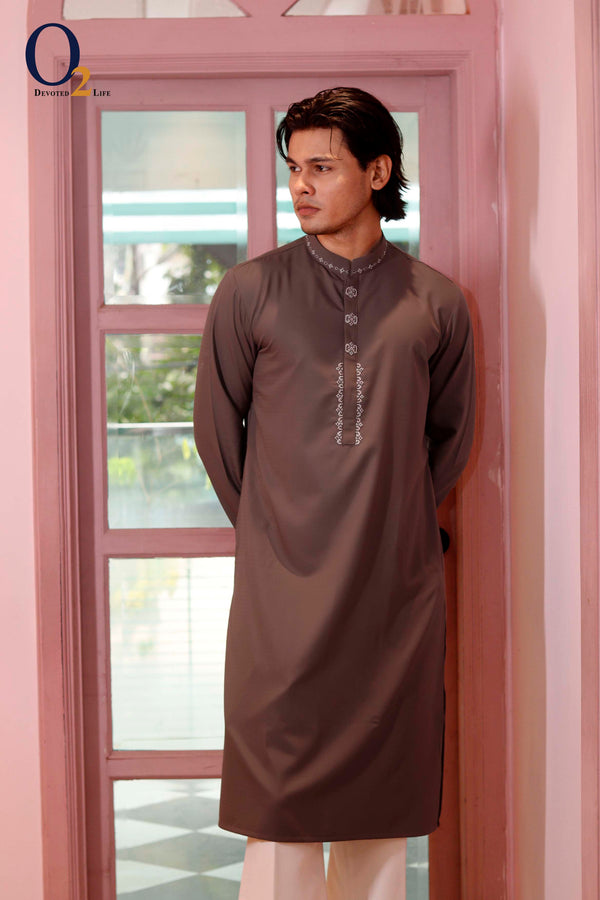 Zardozi Handwork Classic Fit Panjabi in Sooty gray o2fashions