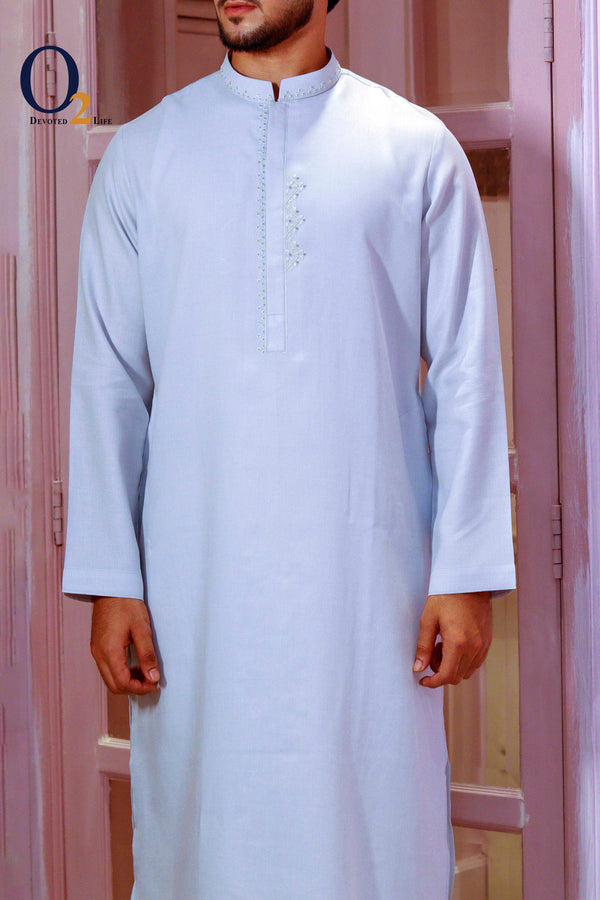 Zardozi Handwork Classic Fit Panjabi in Steel Blue o2fashions