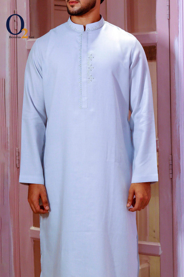 Zardozi Handwork Classic Fit Panjabi in Steel Blue o2fashions