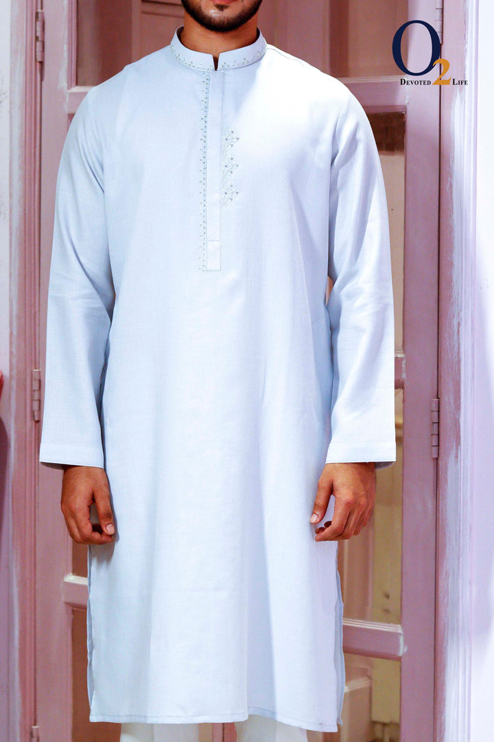 Zardozi Handwork Classic Fit Panjabi in Steel Blue o2fashions