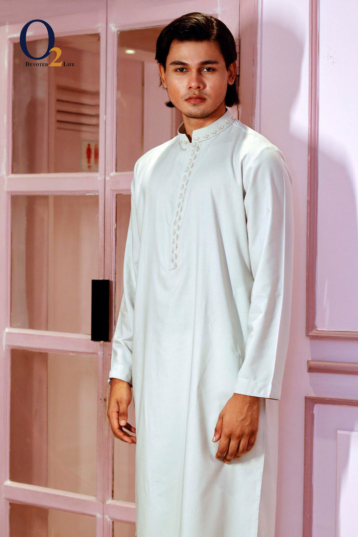 Zardozi Handwork Classic Fit Panjabi in Pastel Green o2fashions