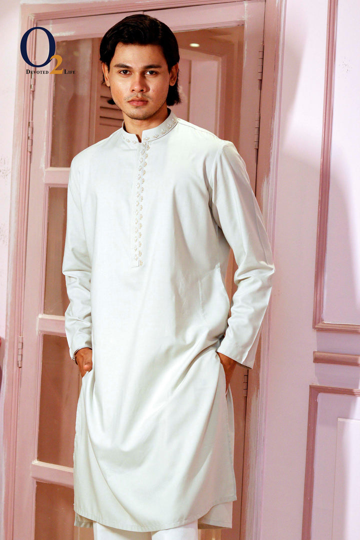 Zardozi Handwork Classic Fit Panjabi in Pastel Green o2fashions