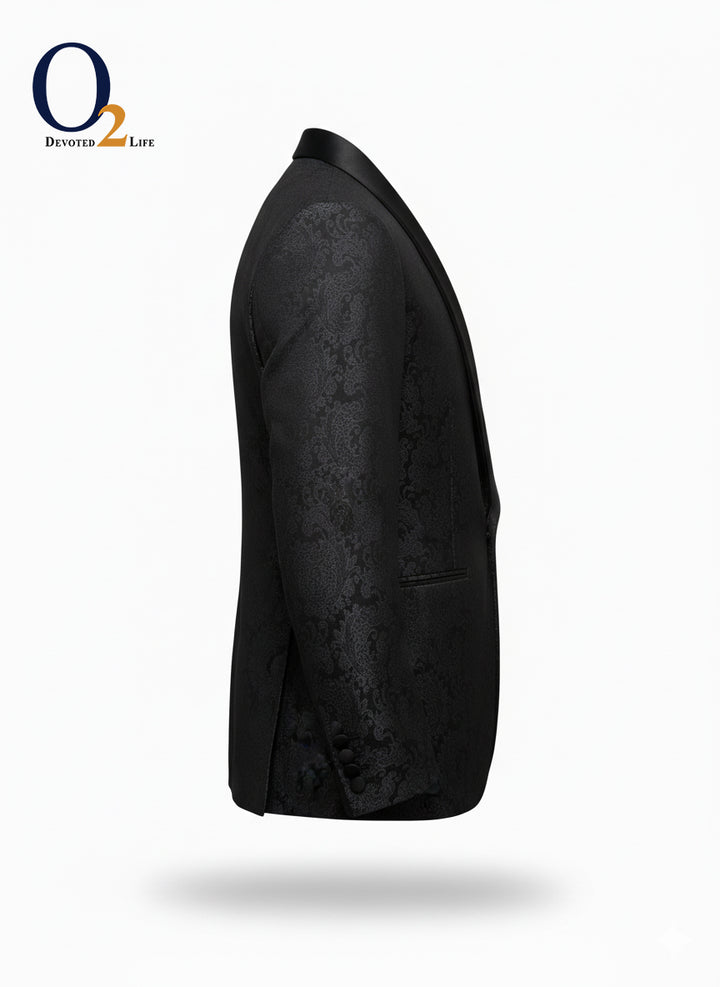 Black floral jacquard tuxedo with wide peak lapel ENVY