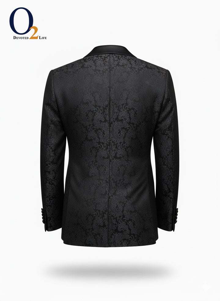 Black floral jacquard tuxedo with wide peak lapel ENVY