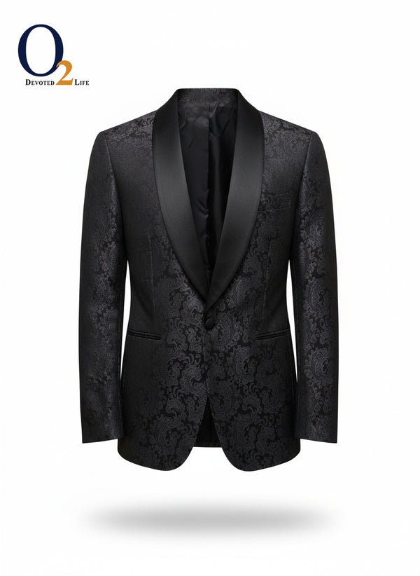 Black floral jacquard tuxedo with wide peak lapel ENVY