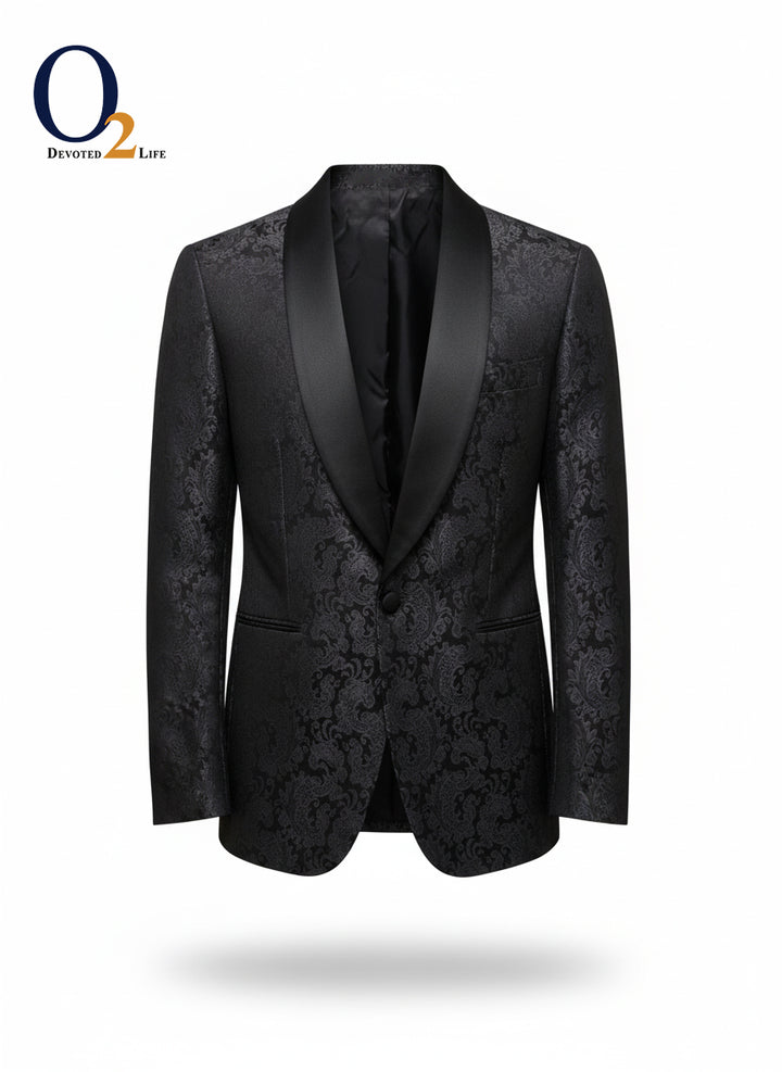 Black floral jacquard tuxedo with wide peak lapel ENVY