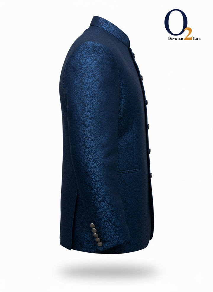 Blue Imported Textured Fabric Prince Coat With Patch Details On Pocket. ENVY